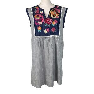 New Savanna Jane Sleeveless Dress Medium Striped Embroidered Blue Boho Floral